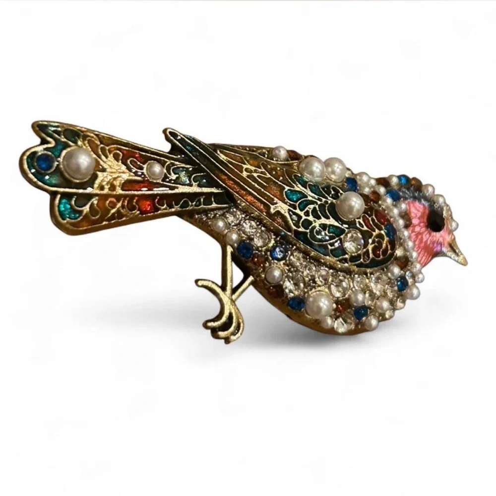 Fashion Jewelry Pink & Gold Enamel and Pearl Bird Brooch